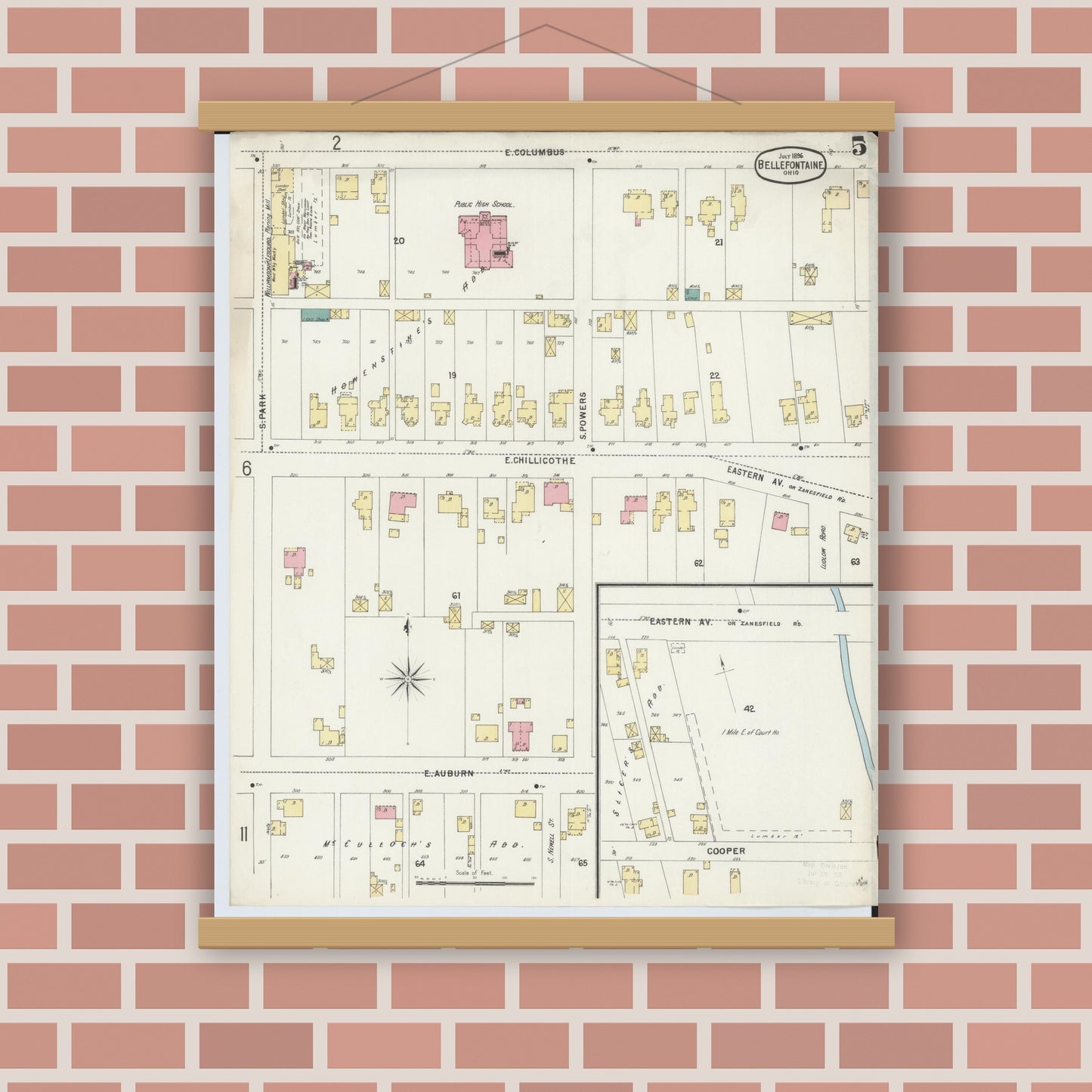 Old map wall art mockup — magnetic wood frame on brick wall — Sanborn Fire Insurance Map from Bellefontaine, Logan County, Ohio (1896), Sheet #0005