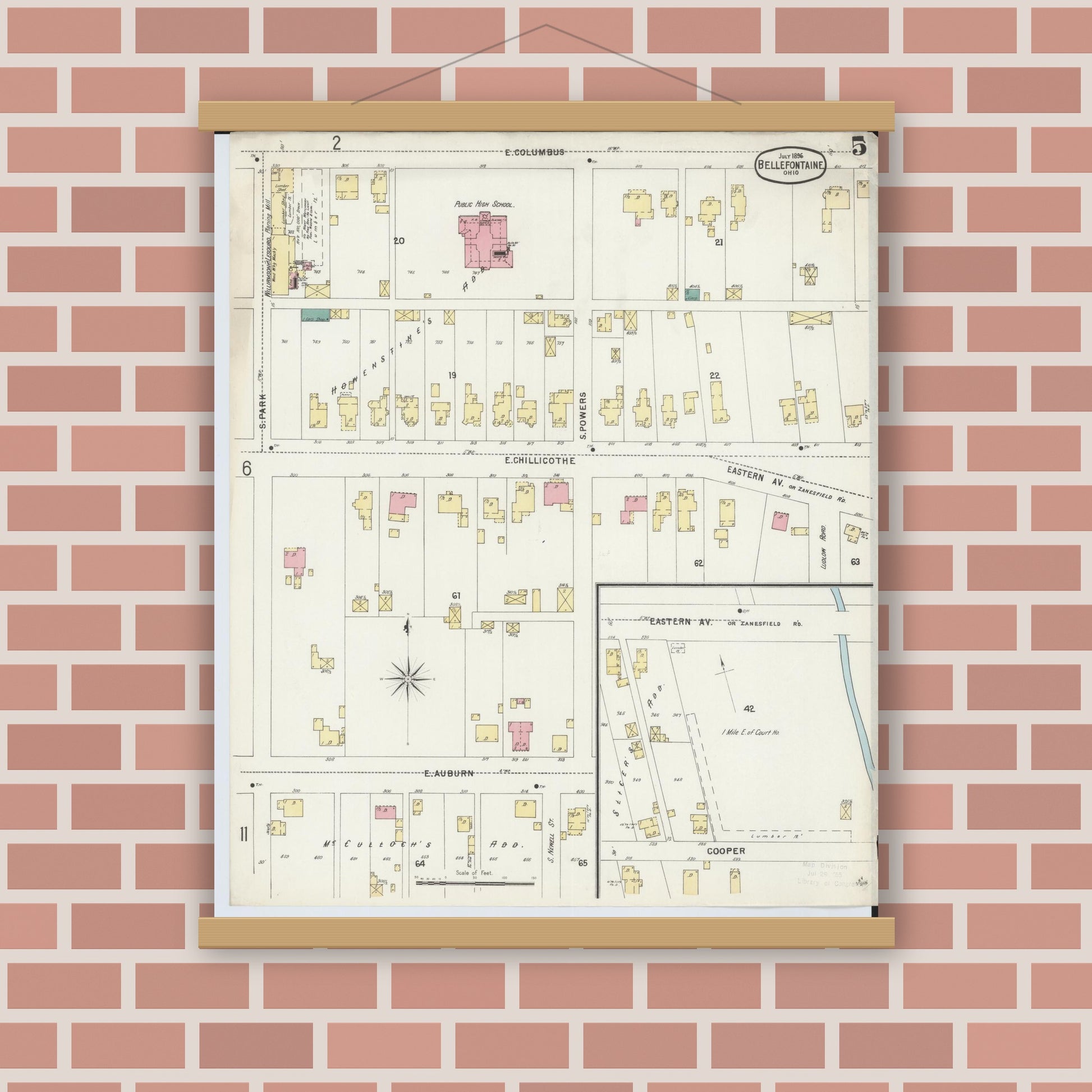 Old map wall art mockup — magnetic wood frame on brick wall — Sanborn Fire Insurance Map from Bellefontaine, Logan County, Ohio (1896), Sheet #0005