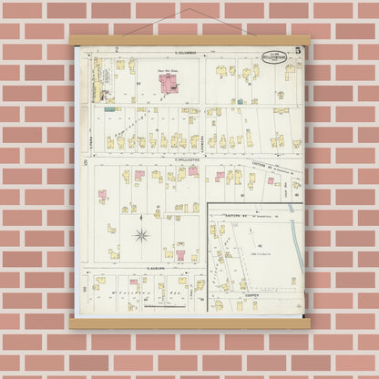 Old map wall art mockup — magnetic wood frame on brick wall — Sanborn Fire Insurance Map from Bellefontaine, Logan County, Ohio (1896), Sheet #0005