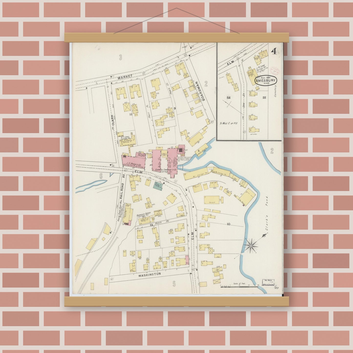 Old map wall art mockup — magnetic wood frame on brick wall — Sanborn Fire Insurance Map from Amesbury, Essex County, Massachusetts (1894), Sheet #0004