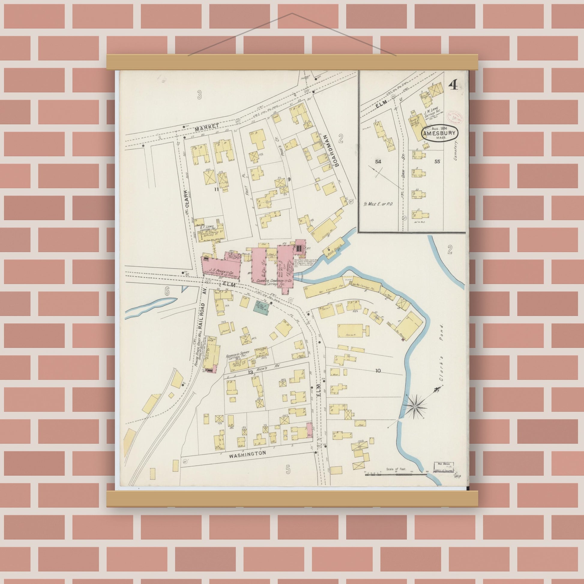 Old map wall art mockup — magnetic wood frame on brick wall — Sanborn Fire Insurance Map from Amesbury, Essex County, Massachusetts (1894), Sheet #0004