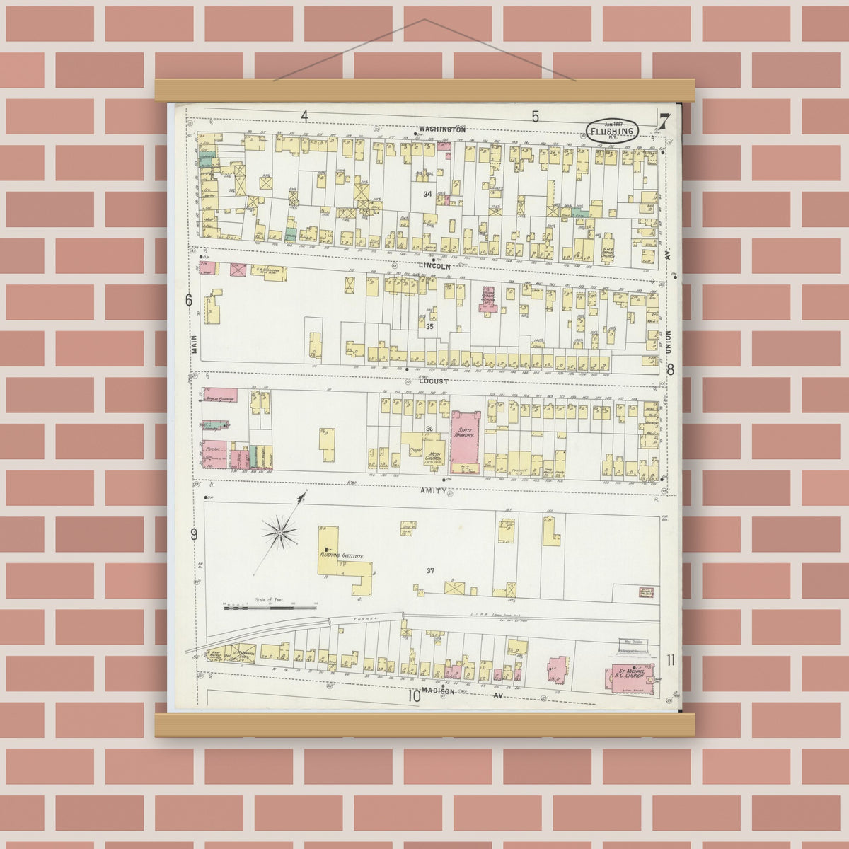 Old map wall art mockup — magnetic wood frame on brick wall — Sanborn Fire Insurance Map from Flushing, Queens County, New York (1897), Sheet #0007