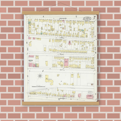 Old map wall art mockup — magnetic wood frame on brick wall — Sanborn Fire Insurance Map from Flushing, Queens County, New York (1897), Sheet #0007