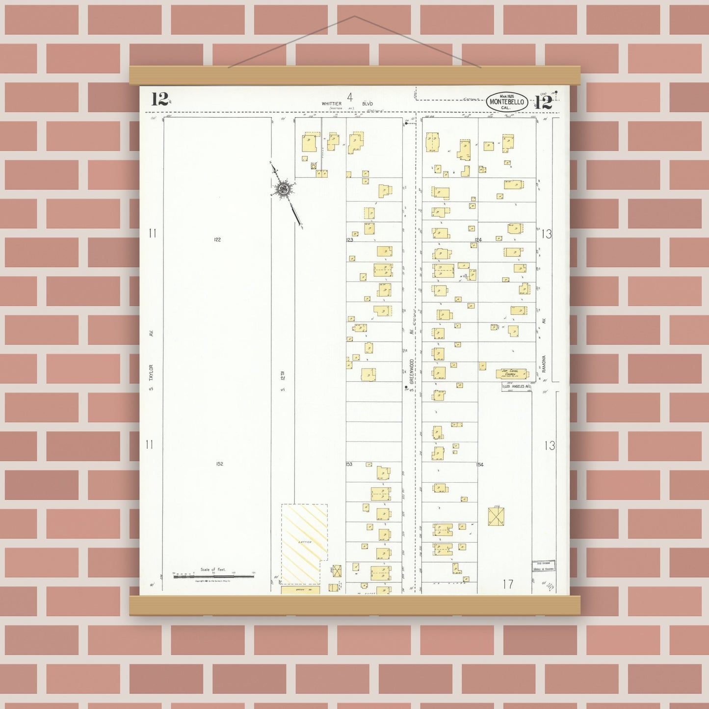 Old map wall art mockup — magnetic wood frame on brick wall — Sanborn Fire Insurance Map from Montebello, Los Angeles County, California (1925), Sheet #0012