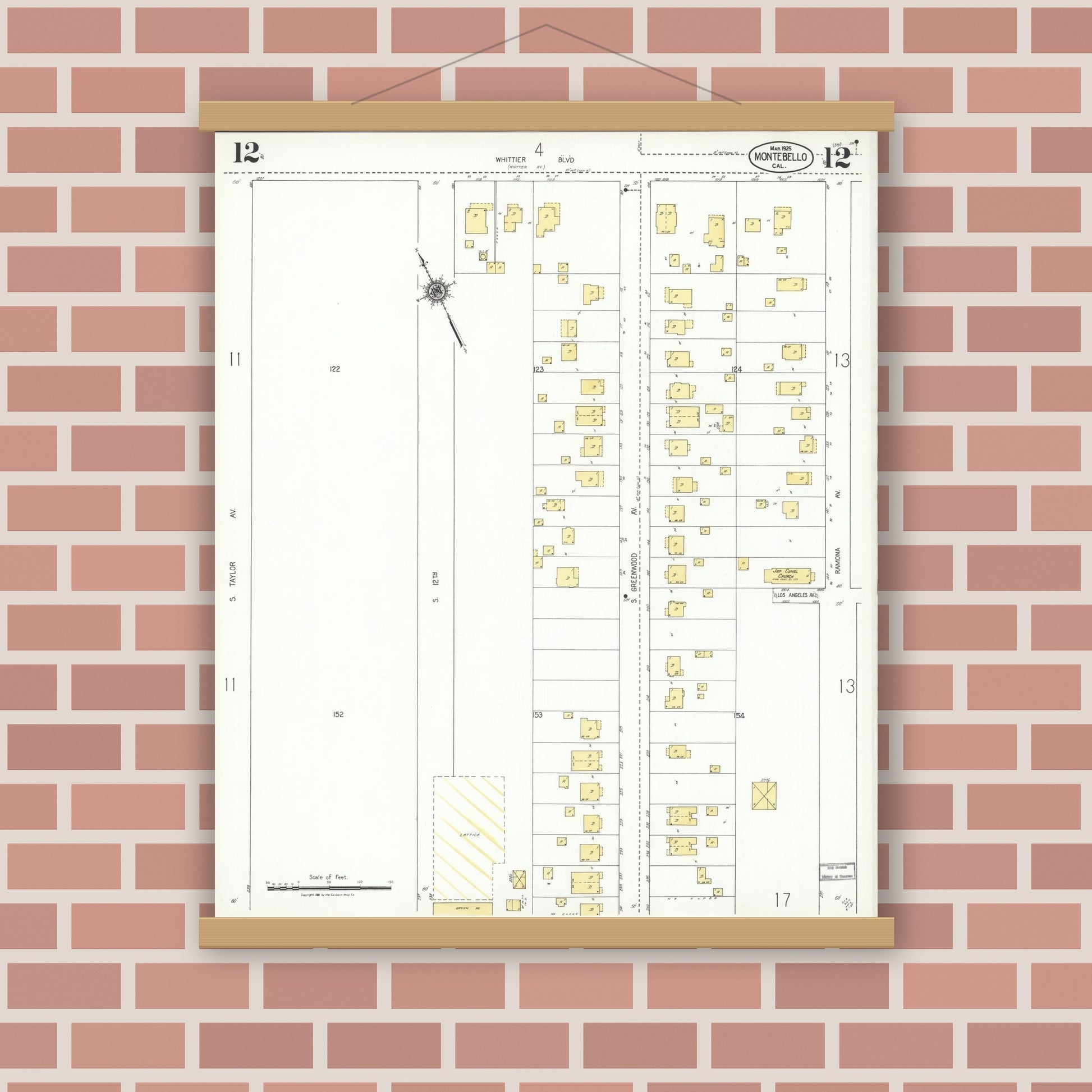 Old map wall art mockup — magnetic wood frame on brick wall — Sanborn Fire Insurance Map from Montebello, Los Angeles County, California (1925), Sheet #0012