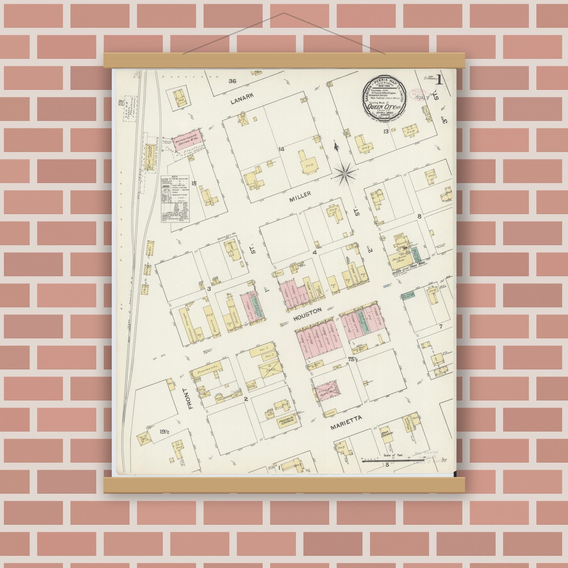 Old map wall art mockup — magnetic wood frame on brick wall — Sanborn Fire Insurance Map from Queen City, Cass County, Texas (1890), Sheet #0001