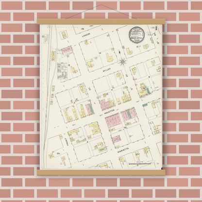 Old map wall art mockup — magnetic wood frame on brick wall — Sanborn Fire Insurance Map from Queen City, Cass County, Texas (1890), Sheet #0001