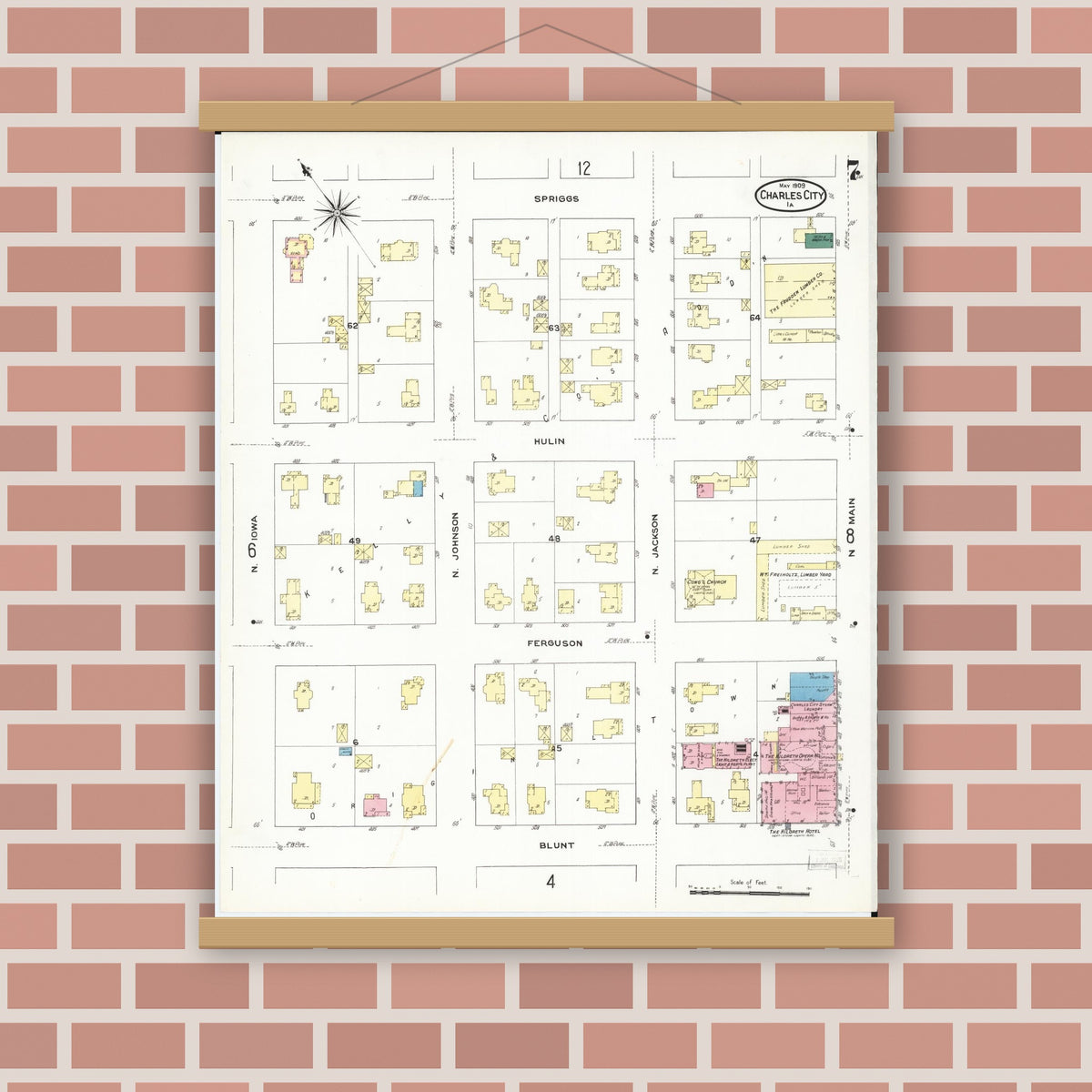 Old map wall art mockup — magnetic wood frame on brick wall — Sanborn Fire Insurance Map from Charles City, Floyd County, Iowa (1909), Sheet #0007