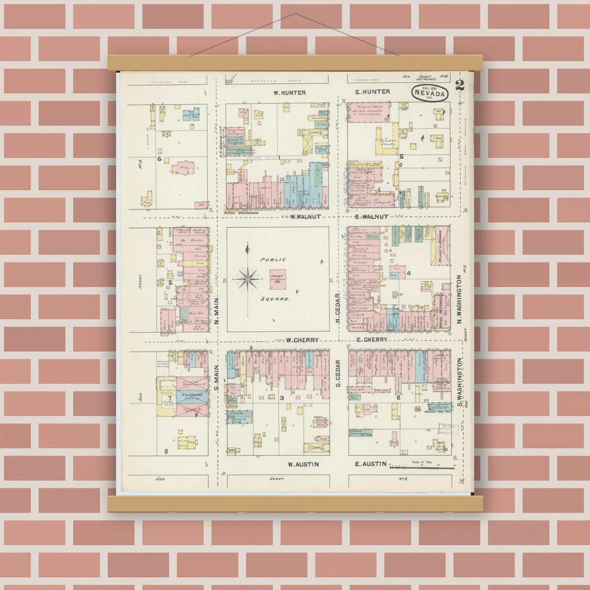 Old map wall art mockup — magnetic wood frame on brick wall — Sanborn Fire Insurance Map from Nevada, Vernon County, Missouri (1890), Sheet #0002