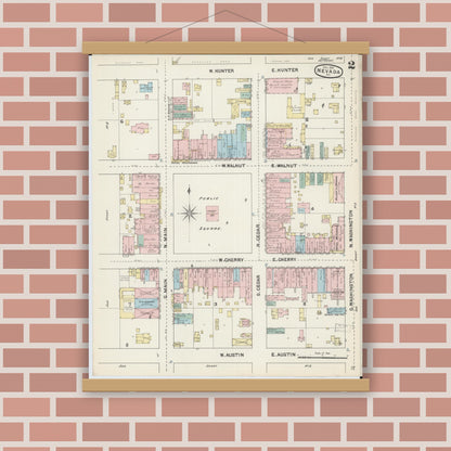 Old map wall art mockup — magnetic wood frame on brick wall — Sanborn Fire Insurance Map from Nevada, Vernon County, Missouri (1890), Sheet #0002