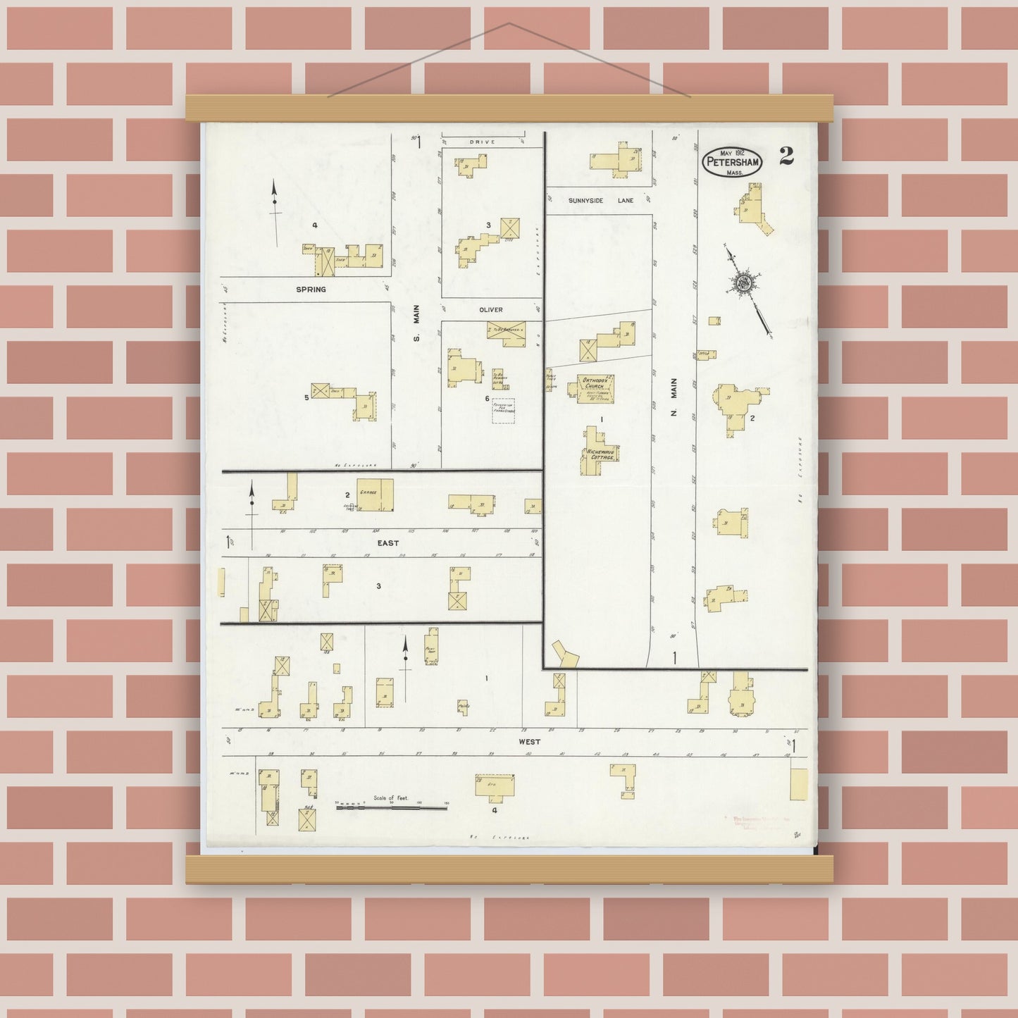 Old map wall art mockup — magnetic wood frame on brick wall — Sanborn Fire Insurance Map from Petersham, Worcester County, Massachusetts (1912), Sheet #0002