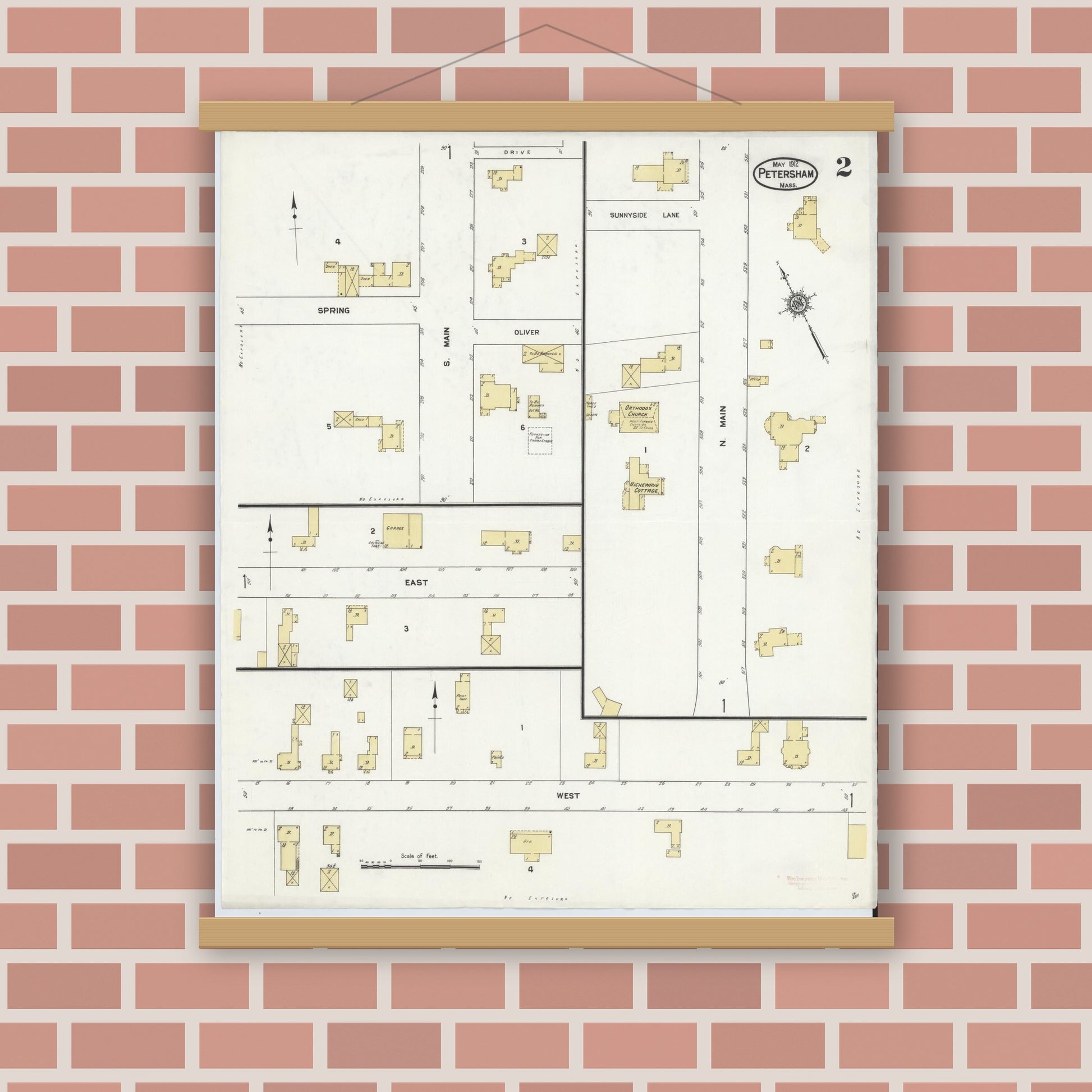 Old map wall art mockup — magnetic wood frame on brick wall — Sanborn Fire Insurance Map from Petersham, Worcester County, Massachusetts (1912), Sheet #0002