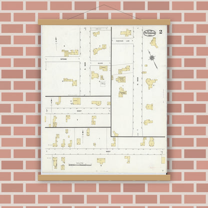Old map wall art mockup — magnetic wood frame on brick wall — Sanborn Fire Insurance Map from Petersham, Worcester County, Massachusetts (1912), Sheet #0002