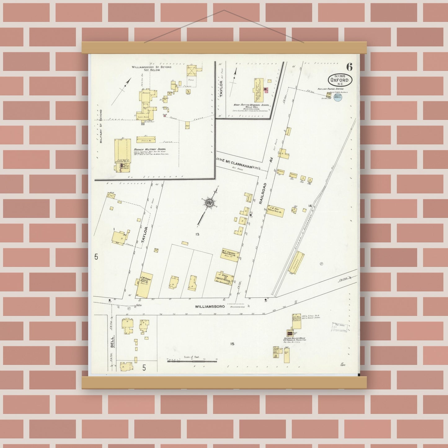 Old map wall art mockup — magnetic wood frame on brick wall — Sanborn Fire Insurance Map from Oxford, Granville County, North Carolina (1909), Sheet #0006