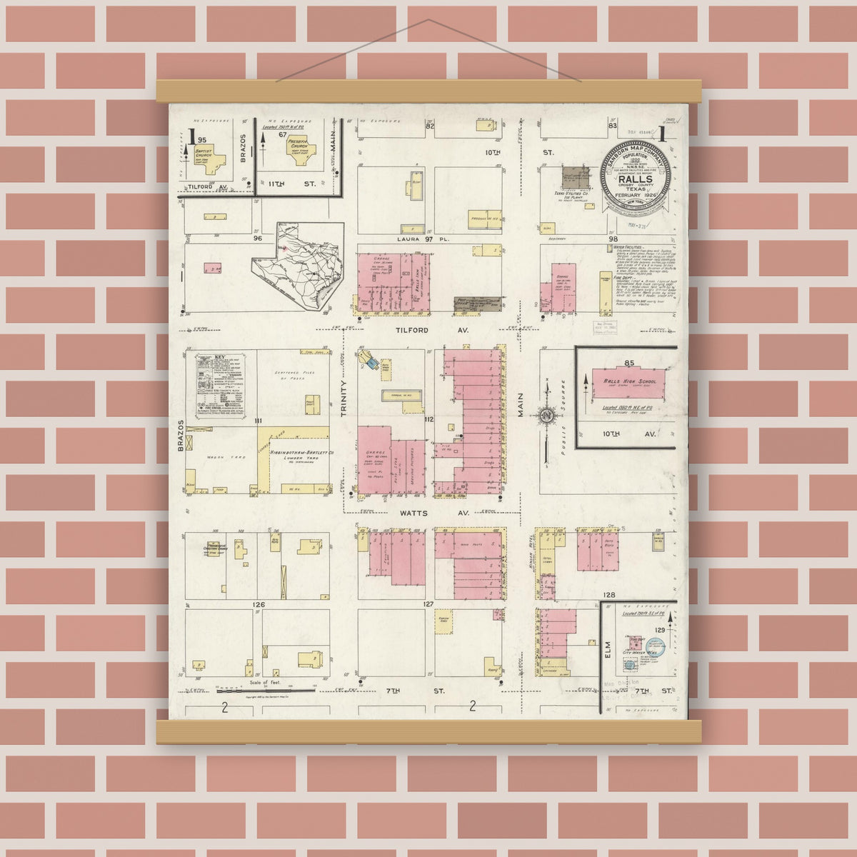 Old map wall art mockup — magnetic wood frame on brick wall — Sanborn Fire Insurance Map from Ralls, Crosby County, Texas (1926), Sheet #0001