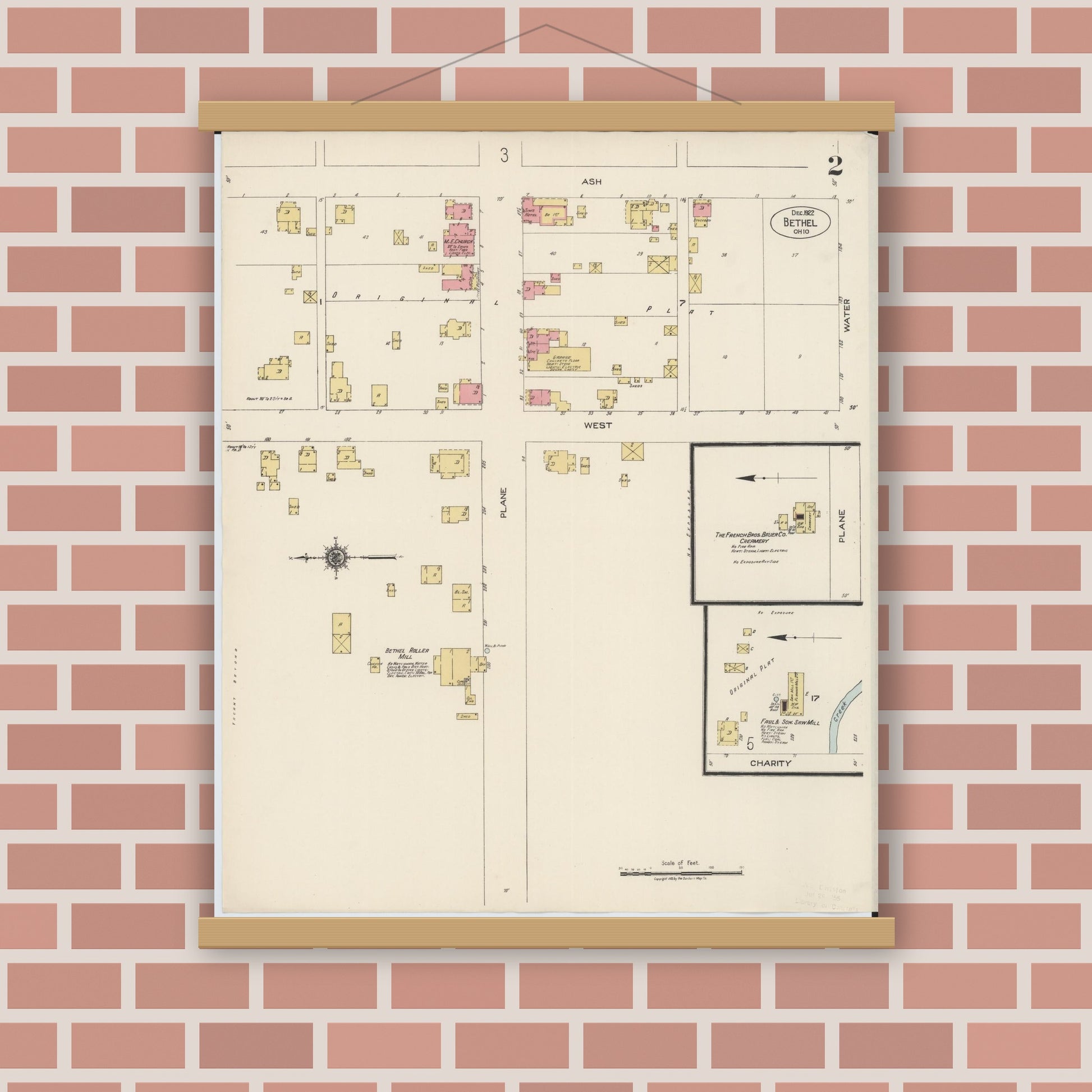 Old map wall art mockup — magnetic wood frame on brick wall — Sanborn Fire Insurance Map from Bethel, Clermont County, Ohio (1922), Sheet #0002
