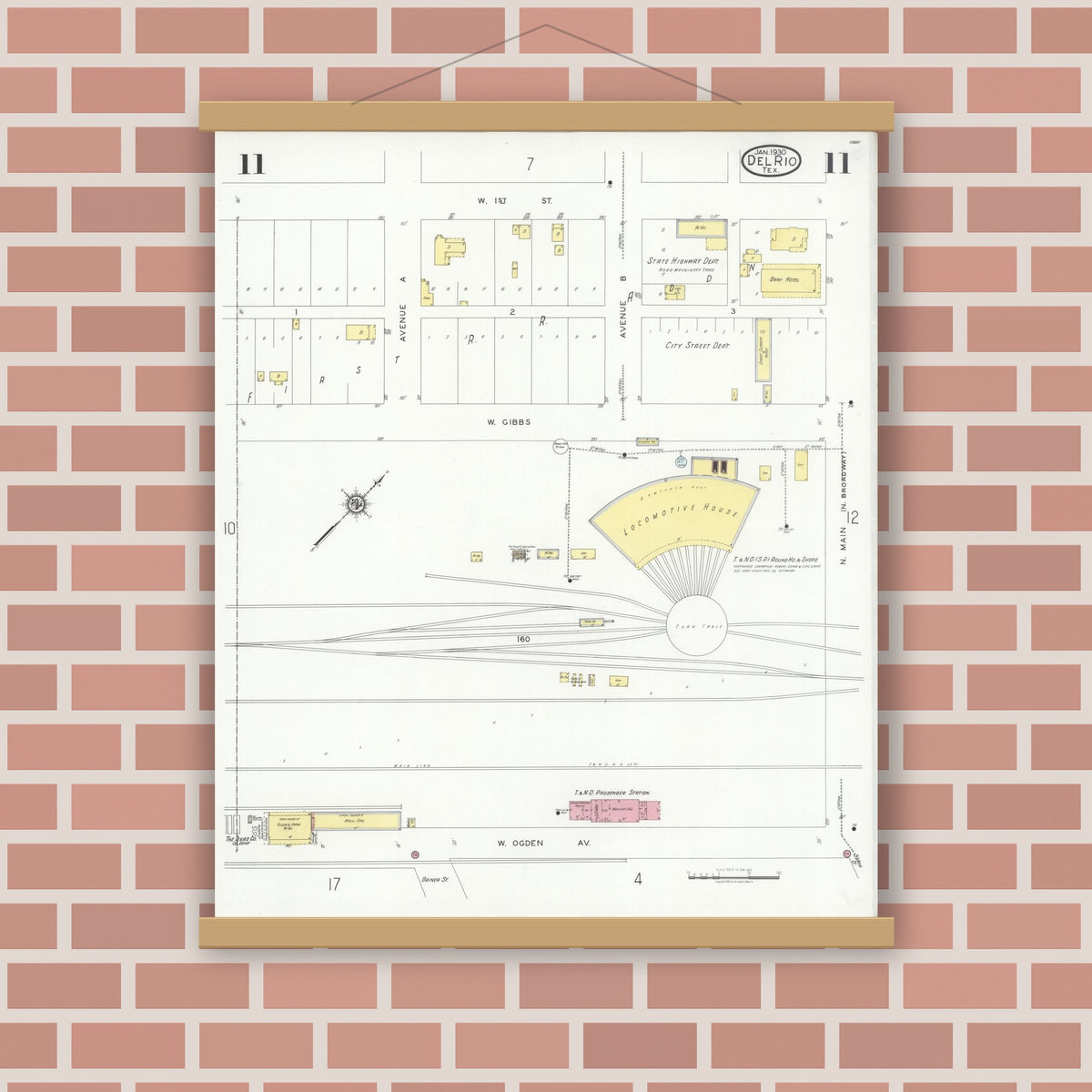 Old map wall art mockup — magnetic wood frame on brick wall — Sanborn Fire Insurance Map from Del Rio, Val Verde County, Texas (1930), Sheet #0011