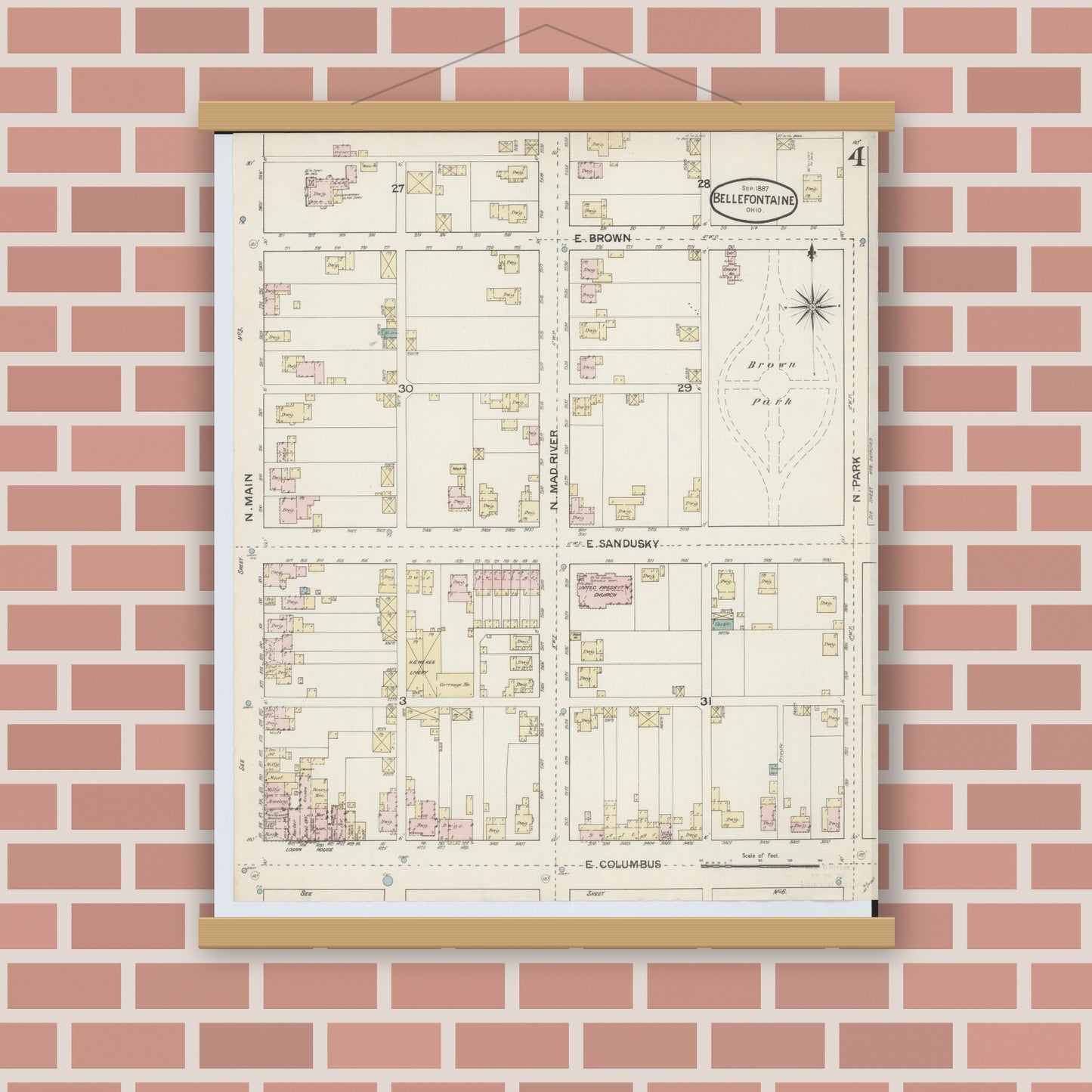 Old map wall art mockup — magnetic wood frame on brick wall — Sanborn Fire Insurance Map from Bellefontaine, Logan County, Ohio (1887), Sheet #0004