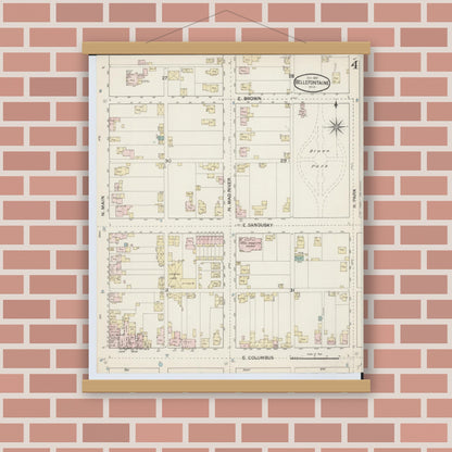 Old map wall art mockup — magnetic wood frame on brick wall — Sanborn Fire Insurance Map from Bellefontaine, Logan County, Ohio (1887), Sheet #0004