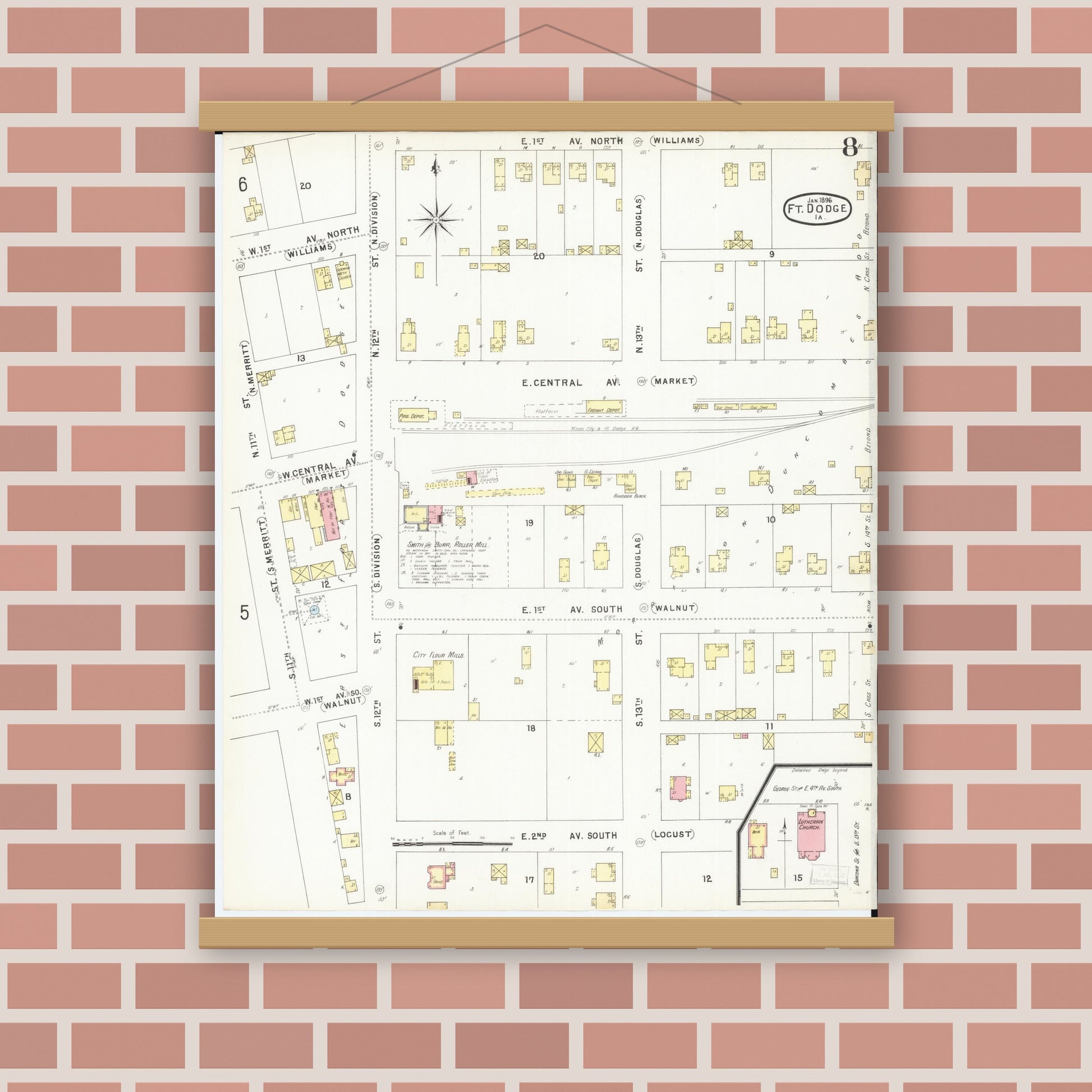 Old map wall art mockup — magnetic wood frame on brick wall — Sanborn Fire Insurance Map from Fort Dodge, Webster County, Iowa (1896), Sheet #0008