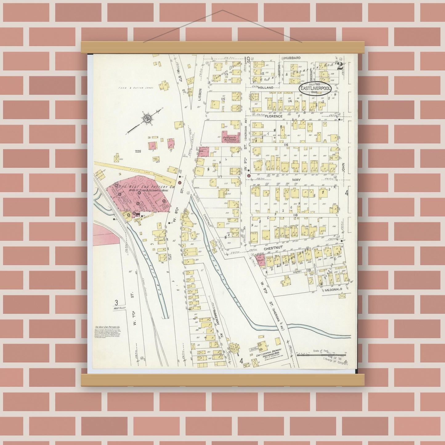 Old map wall art mockup — magnetic wood frame on brick wall — Sanborn Fire Insurance Map from East Liverpool, Columbiana County, Ohio (1913), Sheet #0002