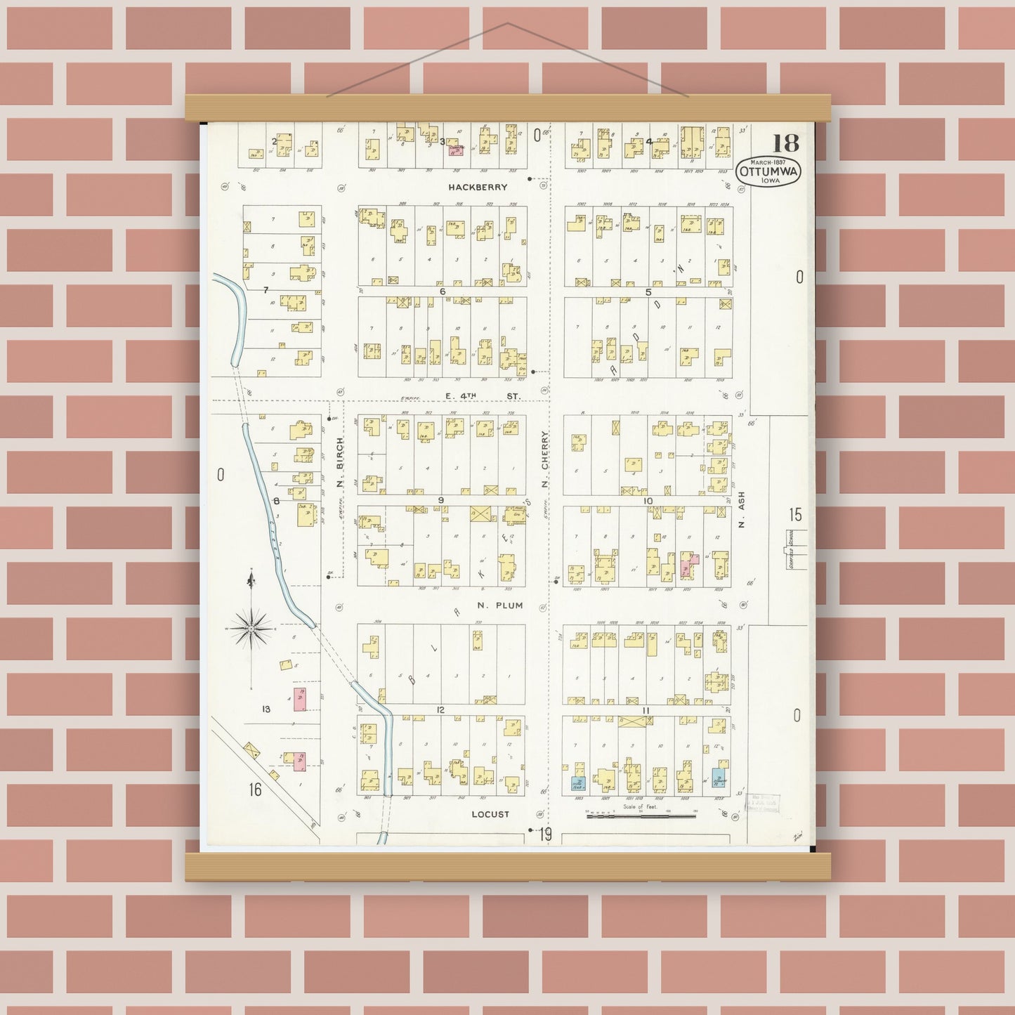 Old map wall art mockup — magnetic wood frame on brick wall — Sanborn Fire Insurance Map from Ottumwa, Wapello County, Iowa (1897), Sheet #0018
