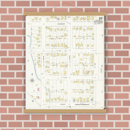 Old map wall art mockup — magnetic wood frame on brick wall — Sanborn Fire Insurance Map from Ottumwa, Wapello County, Iowa (1897), Sheet #0018