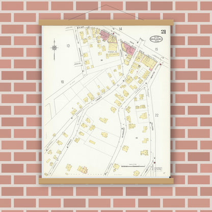Old map wall art mockup — magnetic wood frame on brick wall — Sanborn Fire Insurance Map from Marlborough, Middlesex County, Massachusetts (1912), Sheet #0021