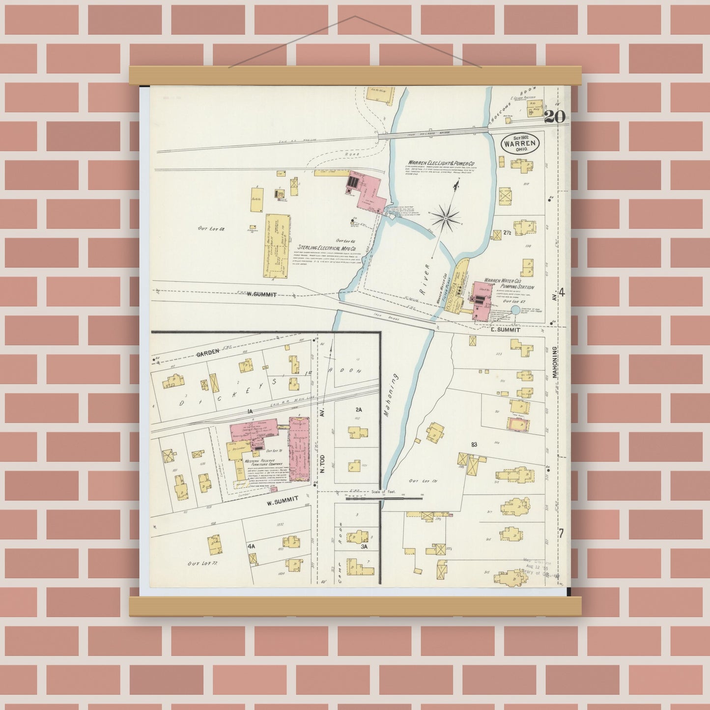 Old map wall art mockup — magnetic wood frame on brick wall — Sanborn Fire Insurance Map from Warren, Trumbull County, Ohio (1902), Sheet #0020