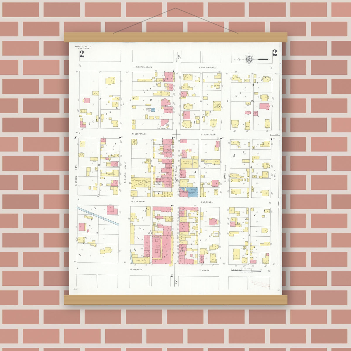 Old map wall art mockup — magnetic wood frame on brick wall — Sanborn Fire Insurance Map from Mascoutah, Saint Clair County, Illinois (1933), Sheet #0002
