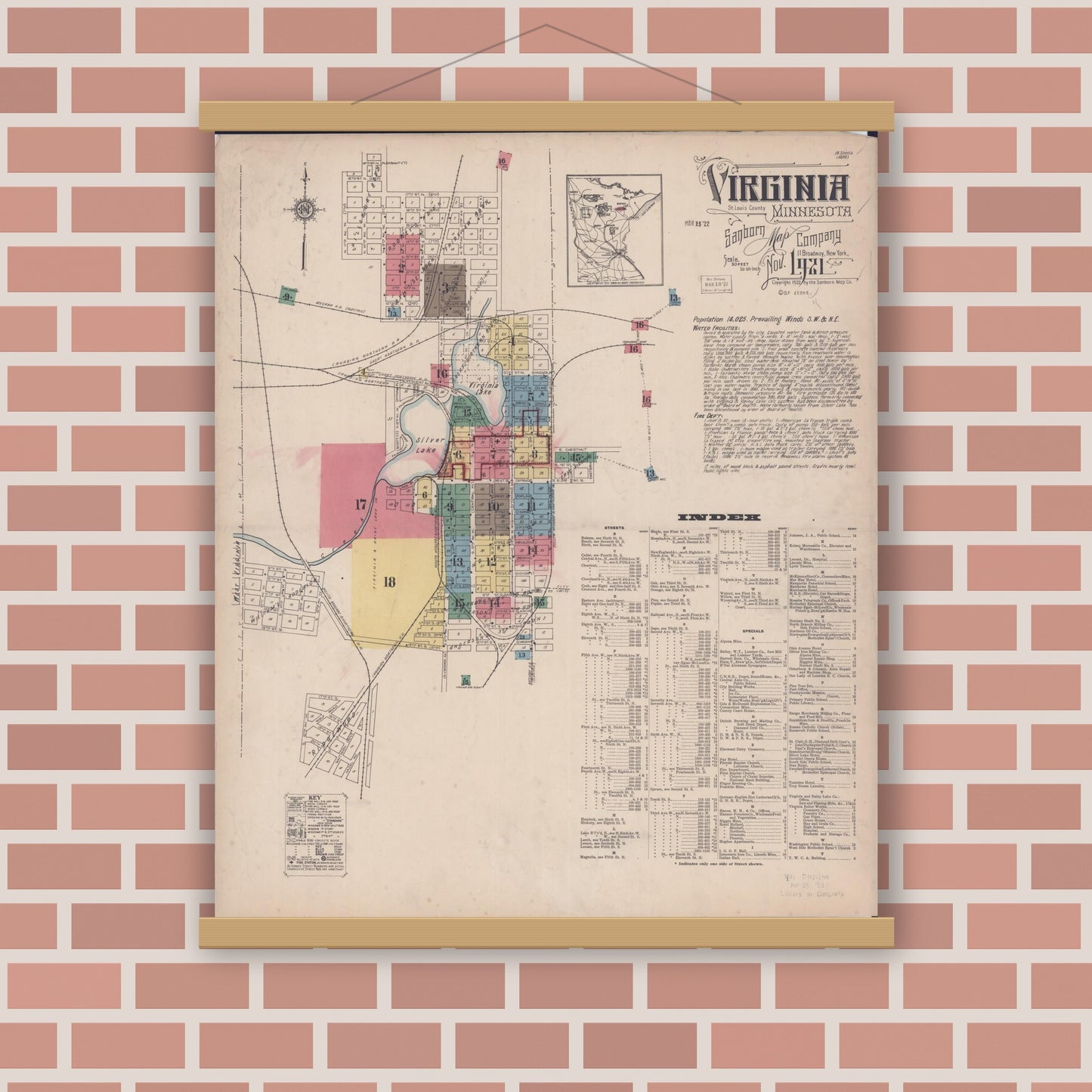 Old map wall art mockup — magnetic wood frame on brick wall — Sanborn Fire Insurance Map from Virginia, Saint Louis County, Minnesota (1921) - Complete Map Set