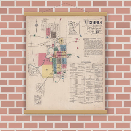 Old map wall art mockup — magnetic wood frame on brick wall — Sanborn Fire Insurance Map from Virginia, Saint Louis County, Minnesota (1921) - Complete Map Set