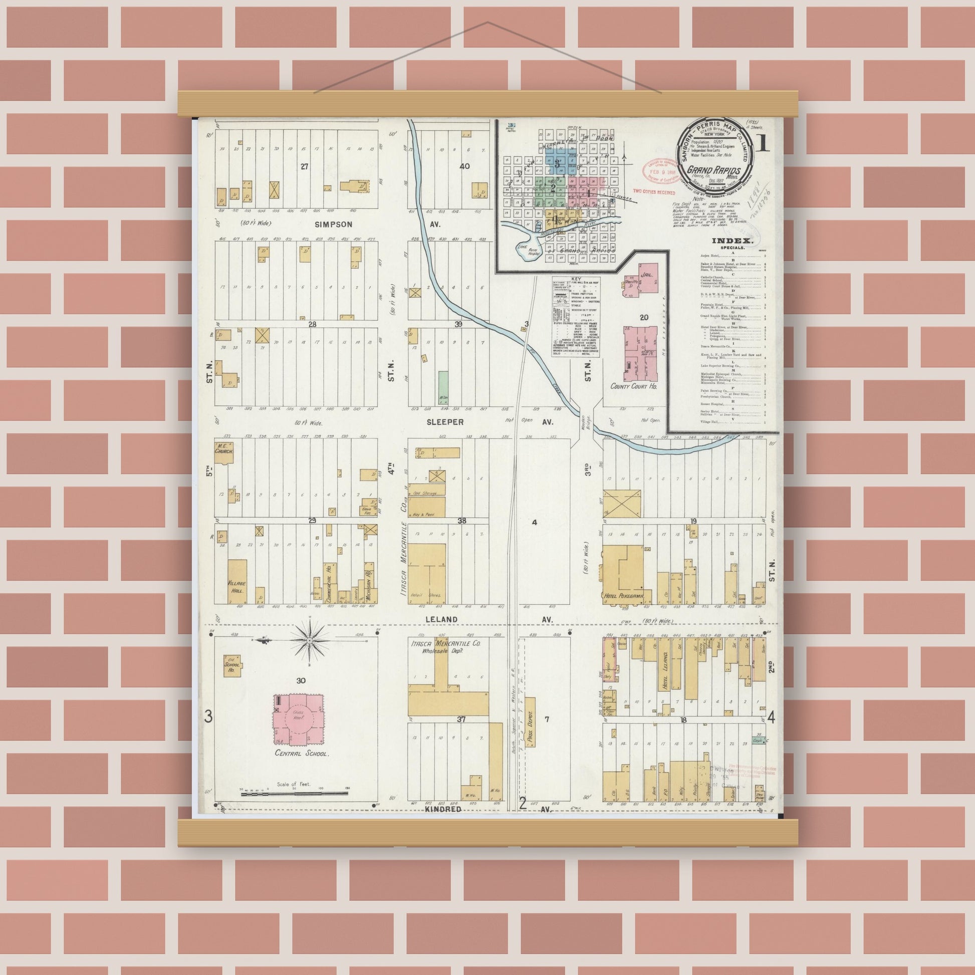 Old map wall art mockup — magnetic wood frame on brick wall — Sanborn Fire Insurance Map from Grand Rapids, Itasca County, Minnesota (1897), Sheet #0001