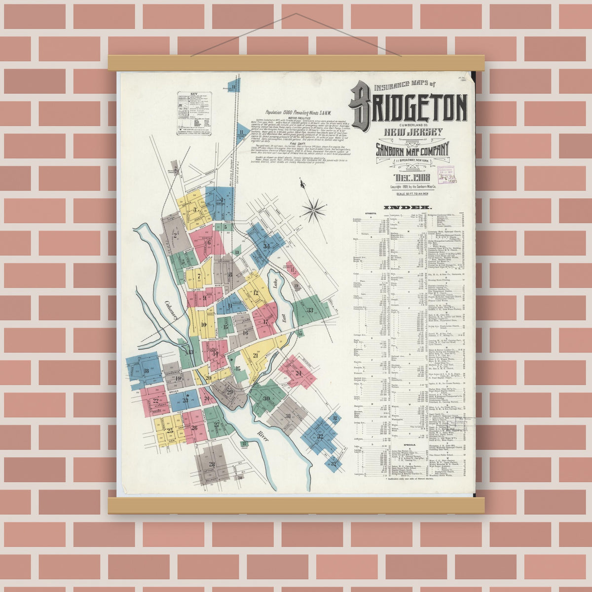 Old map wall art mockup — magnetic wood frame on brick wall — Sanborn Fire Insurance Map from Bridgeton, Cumberland County, New Jersey (1908) - Complete Map Set