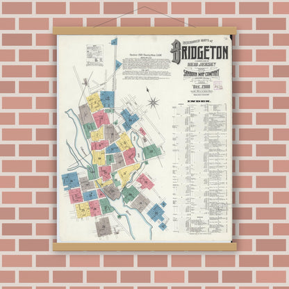 Old map wall art mockup — magnetic wood frame on brick wall — Sanborn Fire Insurance Map from Bridgeton, Cumberland County, New Jersey (1908) - Complete Map Set
