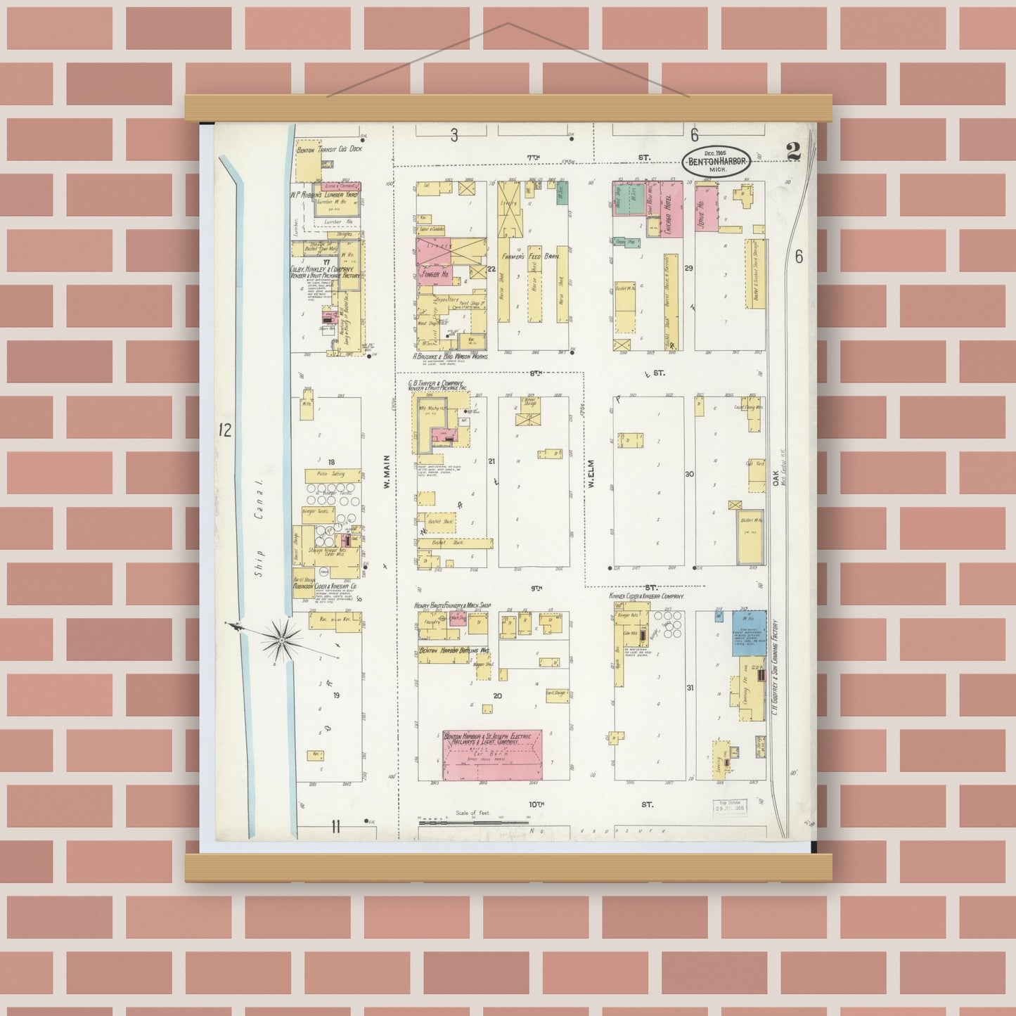 Old map wall art mockup — magnetic wood frame on brick wall — Sanborn Fire Insurance Map from Benton Harbor, Berrien County, Michigan (1905), Sheet #0002