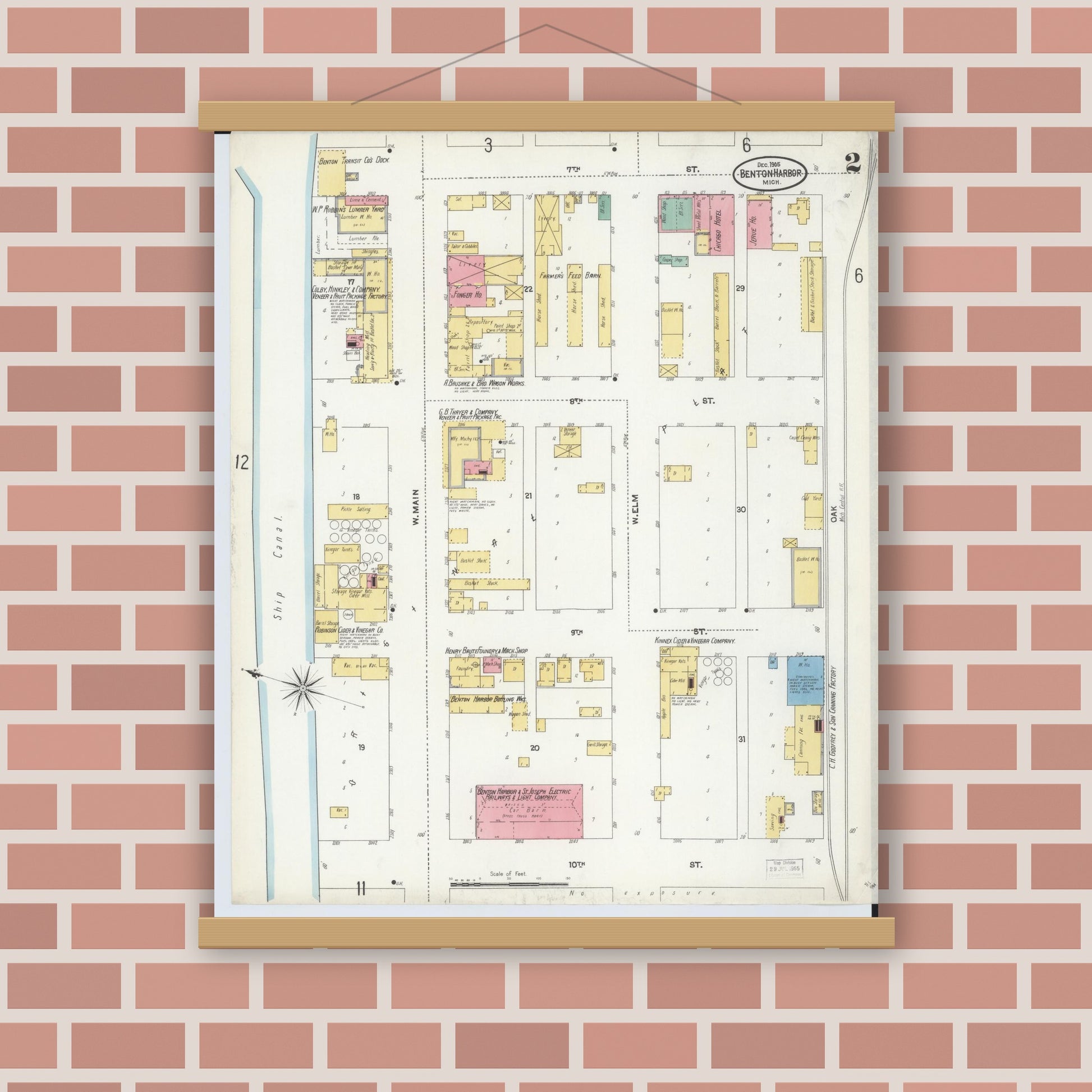 Old map wall art mockup — magnetic wood frame on brick wall — Sanborn Fire Insurance Map from Benton Harbor, Berrien County, Michigan (1905), Sheet #0002