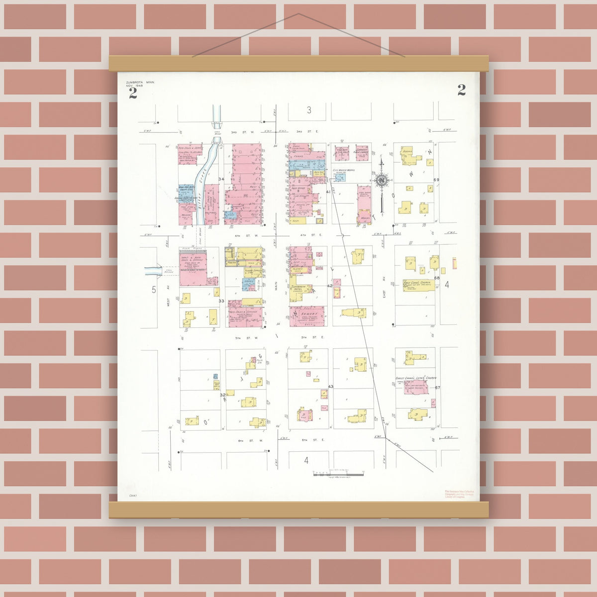 Old map wall art mockup — magnetic wood frame on brick wall — Sanborn Fire Insurance Map from Zumbrota, Goodhue County, Minnesota (1948), Sheet #0002