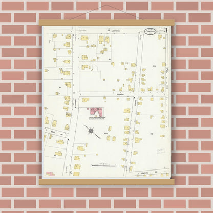 Old map wall art mockup — magnetic wood frame on brick wall — Sanborn Fire Insurance Map from Concord, Cabarrus County, North Carolina (1911), Sheet #0003