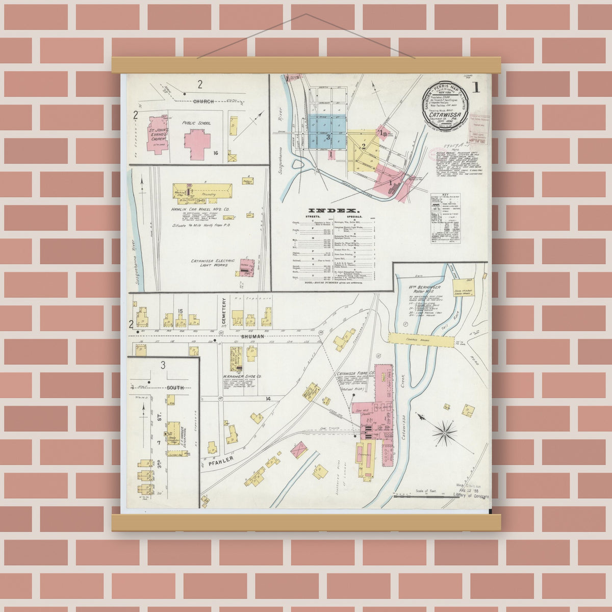 Old map wall art mockup — magnetic wood frame on brick wall — Sanborn Fire Insurance Map from Catawissa, Columbia County, Pennsylvania (1896) - Complete Map Set