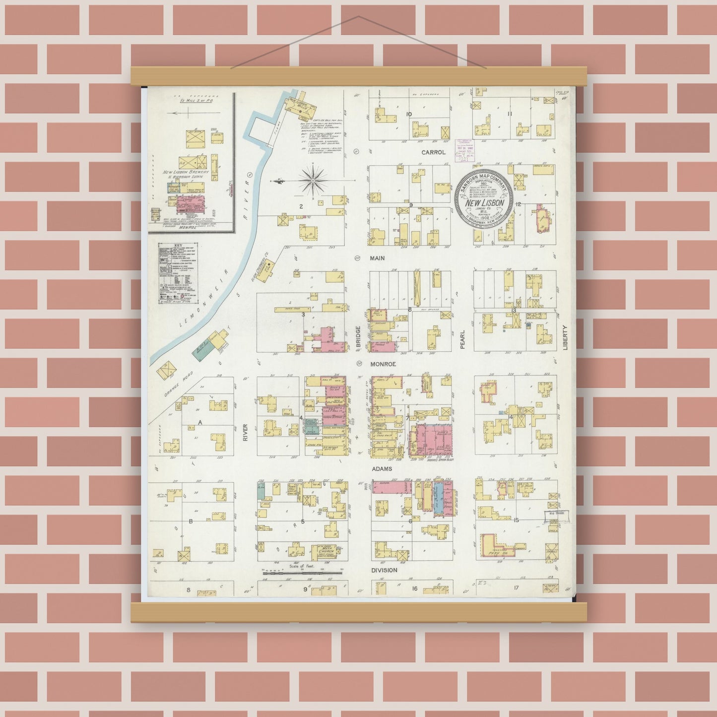 Old map wall art mockup — magnetic wood frame on brick wall — Sanborn Fire Insurance Map from New Lisbon, Juneau County, Wisconsin (1902), Sheet #0001
