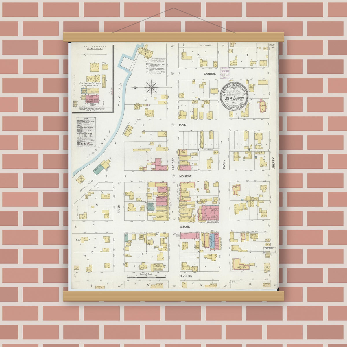 Old map wall art mockup — magnetic wood frame on brick wall — Sanborn Fire Insurance Map from New Lisbon, Juneau County, Wisconsin (1902), Sheet #0001
