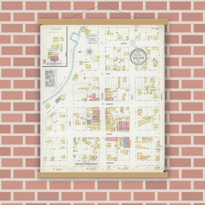Old map wall art mockup — magnetic wood frame on brick wall — Sanborn Fire Insurance Map from New Lisbon, Juneau County, Wisconsin (1902), Sheet #0001