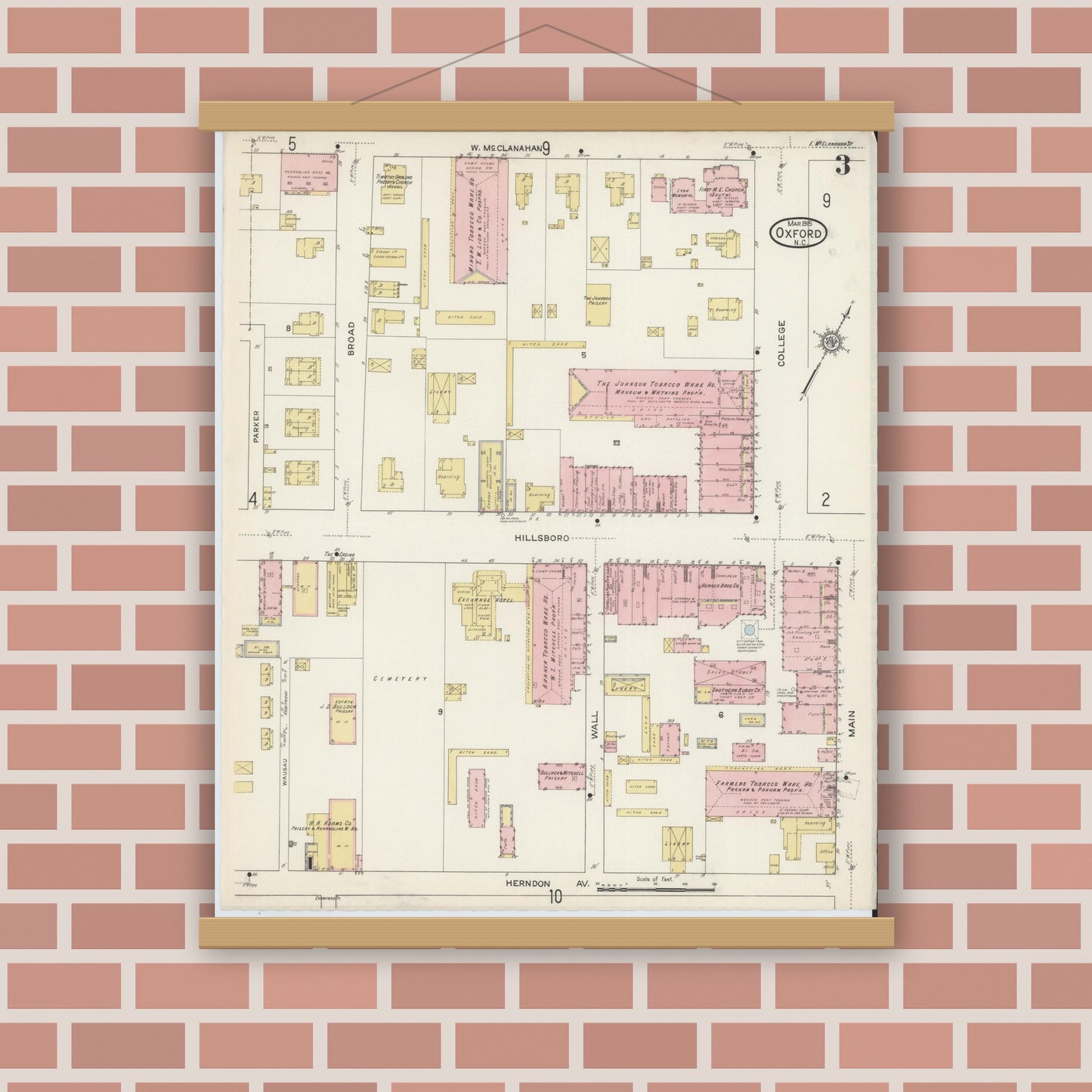 Old map wall art mockup — magnetic wood frame on brick wall — Sanborn Fire Insurance Map from Oxford, Granville County, North Carolina (1915), Sheet #0003