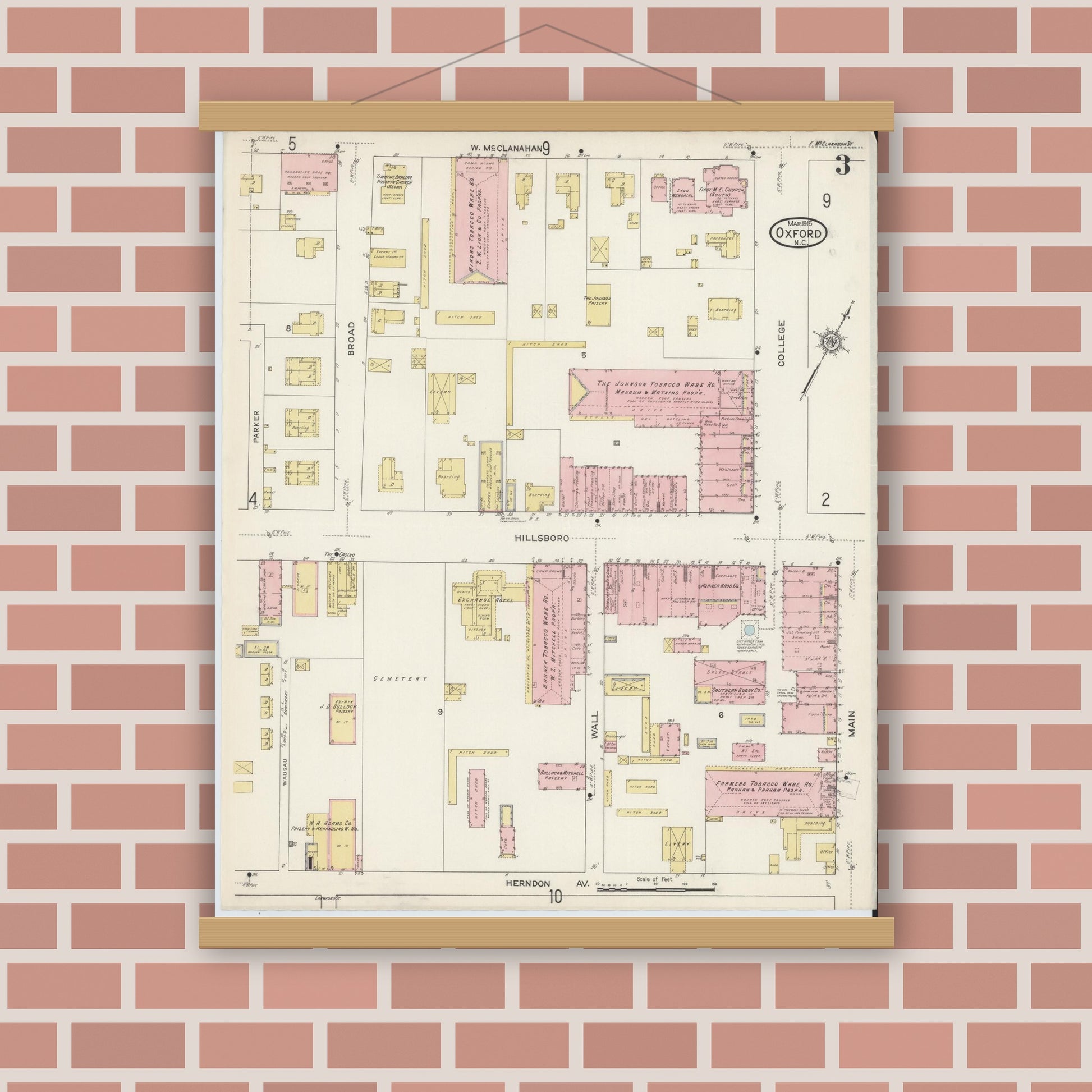 Old map wall art mockup — magnetic wood frame on brick wall — Sanborn Fire Insurance Map from Oxford, Granville County, North Carolina (1915), Sheet #0003