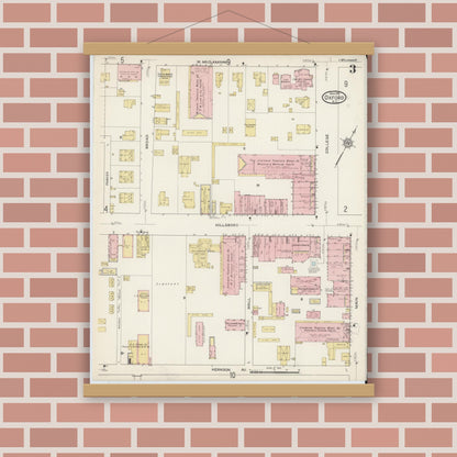 Old map wall art mockup — magnetic wood frame on brick wall — Sanborn Fire Insurance Map from Oxford, Granville County, North Carolina (1915), Sheet #0003