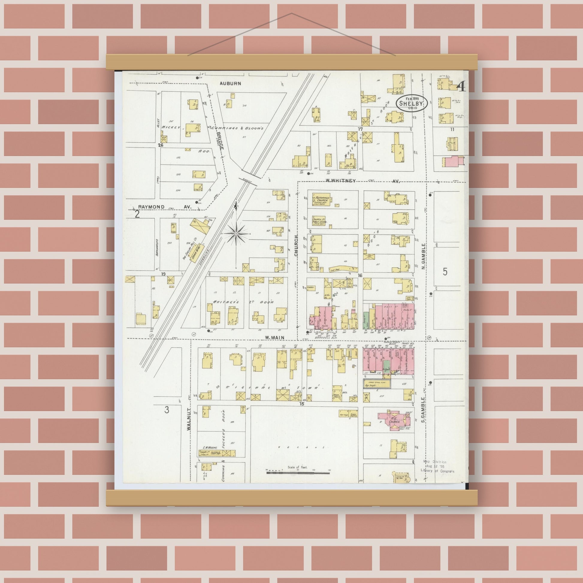 Old map wall art mockup — magnetic wood frame on brick wall — Sanborn Fire Insurance Map from Shelby, Richland County, Ohio (1899), Sheet #0004