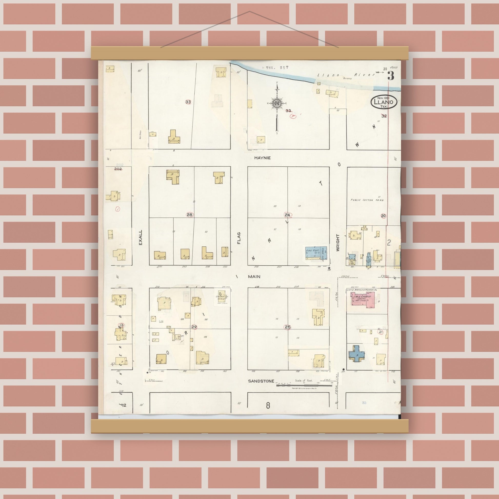 Old map wall art mockup — magnetic wood frame on brick wall — Sanborn Fire Insurance Map from Llano, Llano County, Texas (1942), Sheet #0003