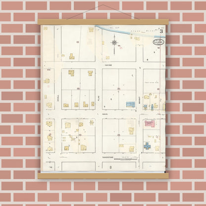 Old map wall art mockup — magnetic wood frame on brick wall — Sanborn Fire Insurance Map from Llano, Llano County, Texas (1942), Sheet #0003