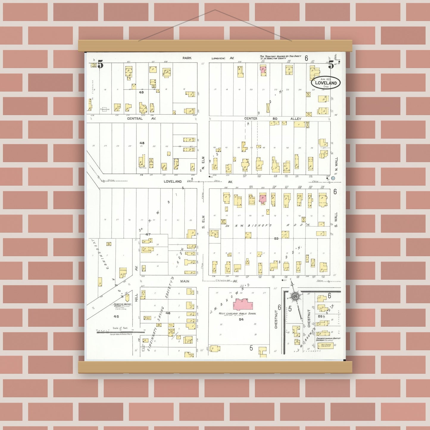 Old map wall art mockup — magnetic wood frame on brick wall — Sanborn Fire Insurance Map from Loveland, Clermont, Hamilton, And Warren County, Ohio (1923), Sheet #0005